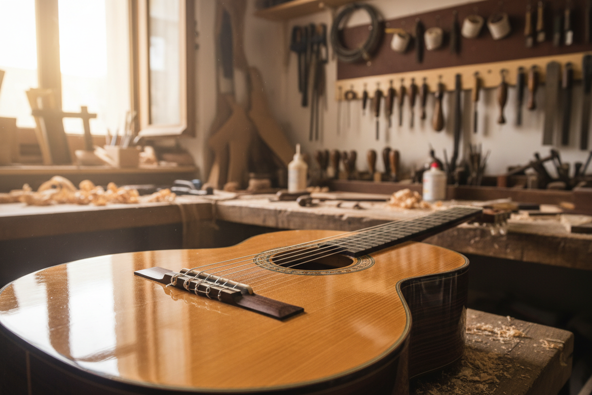 gitarra en un taller de musica en primer plano de la caja